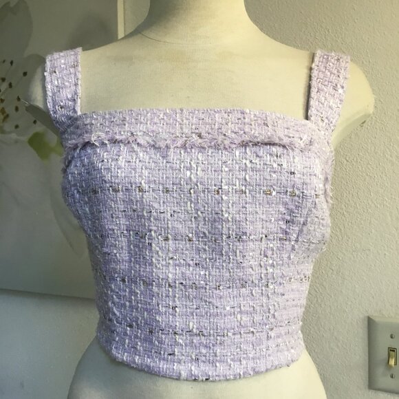 GUESS Metallic Tweed Corset Crop Top Adjustable Straps Zip Back Lined Lila S - Picture 1 of 8